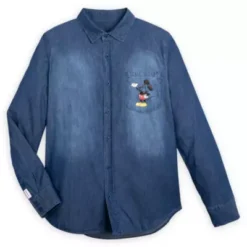 Disney Parks Her Universe Mickey And Pluto Comic Denim Shirt For Adults